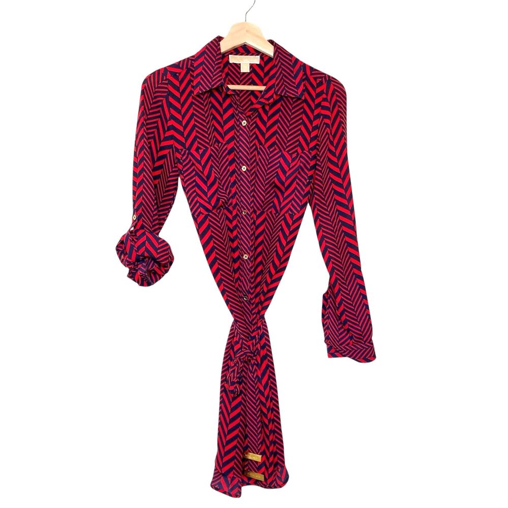 Michael Kors Red Blue Chevron Shirt Dress XS Button Down Belt Gold Logo Embossed